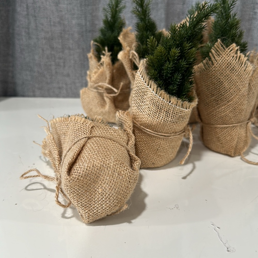 7 Mini Christmas desktop/table green artificial pine tree with burlap. - Picture 5 of 6